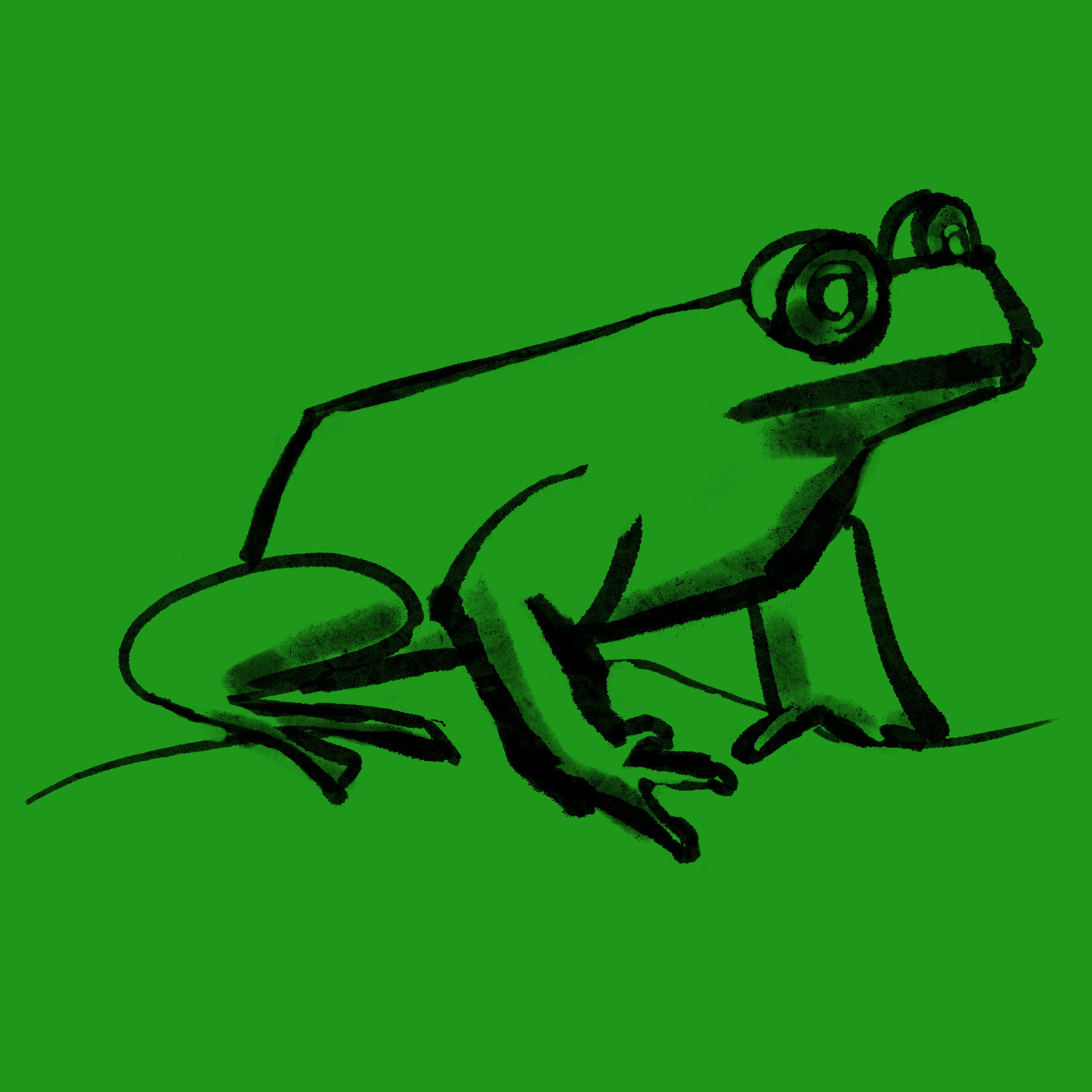 a frog; black, straight lines on green background